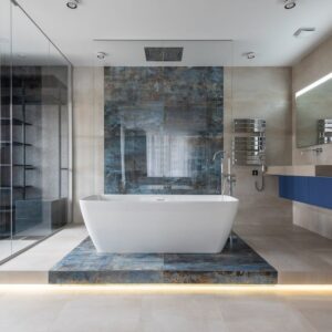 Modern bathroom interior with freestanding tub